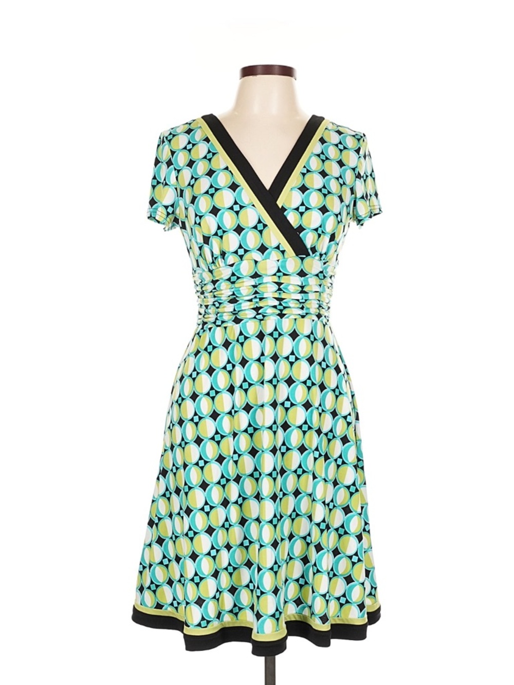 Studio I Geometric Wrap Midi Dress in Aqua, Lime and Black